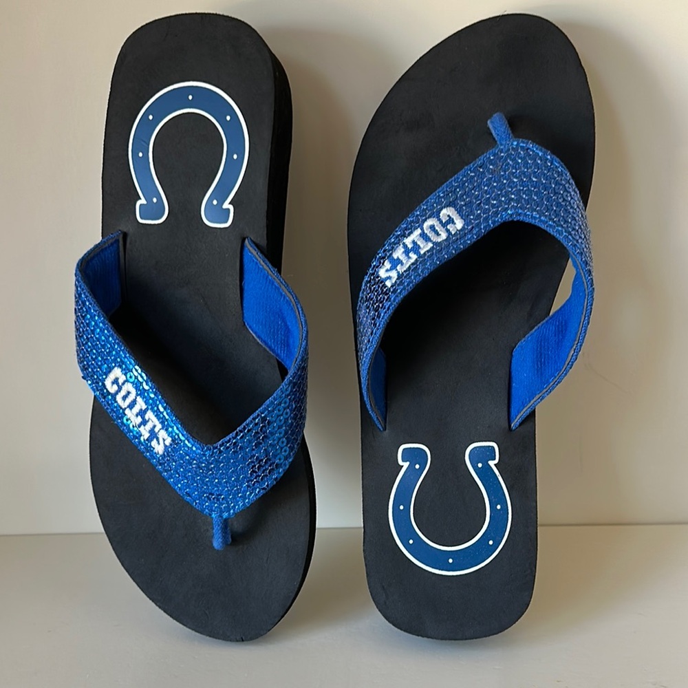Blue and Black Flip Flops with Colts Logo